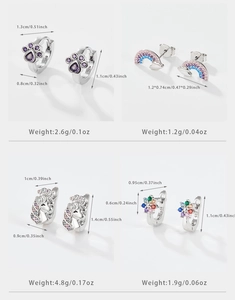 Detailed size and weight chart for S925 silver rainbow and unicorn zircon earrings