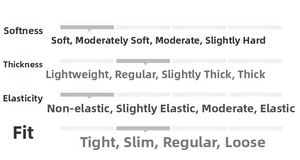 Size chart showing fabric specs: soft texture, regular thickness, no stretch, and slim fit