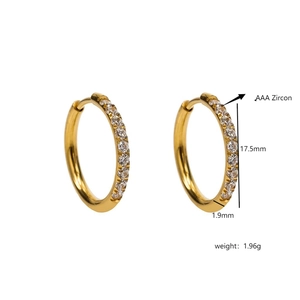Detail view of 17.5mm gold titanium earrings featuring AAA zircon with dimensions and weight