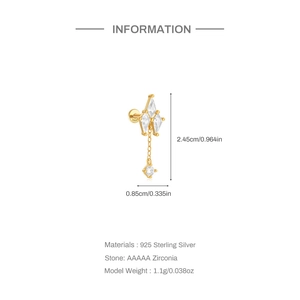 Detail view of S925 sterling silver star earring with zirconia tassels and measurements