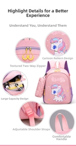 Detail view of pink unicorn kids backpack featuring dual zippers and adjustable straps