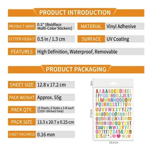 Detailed specs for 0.5-inch waterproof vinyl alphabet and number stickers set