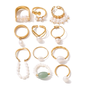 12pcs bohemian gold titanium steel ring set with freshwater pearls and green gemstone