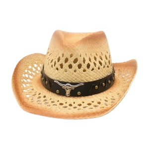 Minimalist beige straw cowboy hat with black leather strap and bull head emblem