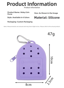 Purple silicone mini pouch with carabiner clip and detailed size measurements