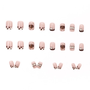 Cute French cartoon dog and cow print short press-on nails in nude pink color set