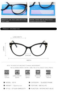 Detailed size specifications and anti-blue light test for TR90 cat-eye glasses frame