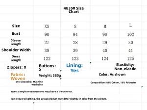 Size chart for embroidered shirt dress with bust, sleeve, and fabric specifications