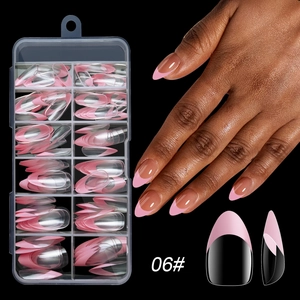 Detail of pink French tip almond press-on nails in clear organizer box, style 06#