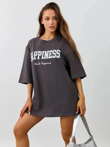 Oversized T-Shirt Reine Baumwolle Buchstaben Print Happiness Kurzarm Rundhals Drop Shoulder Lässiges Lockeres Oberteil