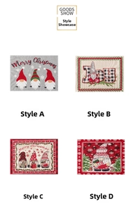 Detailed view of four festive Christmas placemats featuring gnome and snowflake patterns