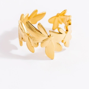 Minimalist gold leaf open ring in stainless steel with detailed leaf texture finish
