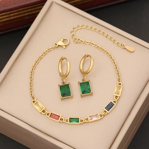 Elegant gold jewelry set with colorful emerald-cut zircon necklace and earrings