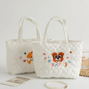 Cute dog embroidery white quilted tote bag with heart patterns and soft handles