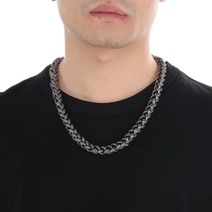 Men's bold braided keel chain necklace in vintage silver finish, punk style titanium steel
