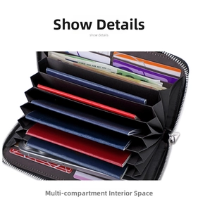 Detailed view of the multi-slot interior of this RFID leather long wallet with high capacity