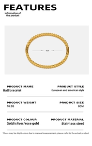 Macro view of gold stainless steel beaded bracelet with technical specs and inner diameter