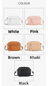 Collage of quilted PU leather crossbody camera bags in white, pink, brown, khaki, and black