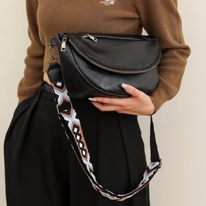 Vintage half-moon crossbody sling bag for women with ethnic style woven wide shoulder strap