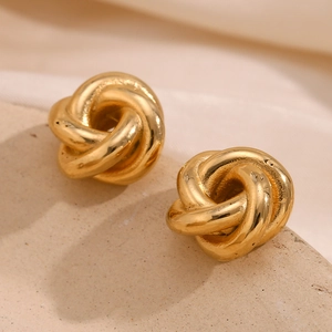 18K gold plated stainless steel stud earrings with creative twisted yarn ball design