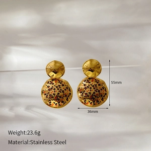 Detail view of leopard print stainless steel earrings with 55mm by 36mm dimensions