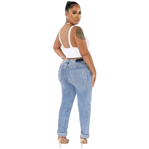 Rear view of slim fit blue stretch jeans with classic pockets and tailored denim cut