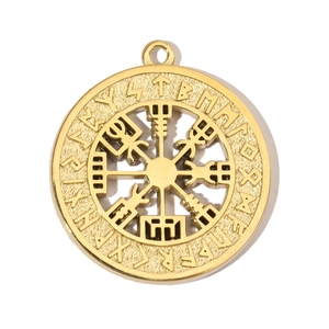 Macro view of gold stainless steel Viking compass pendant with engraved runic symbols