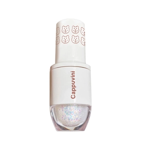Sombra de ojos líquida brillante con diseño de oso en tapa blanca y acabado glitter