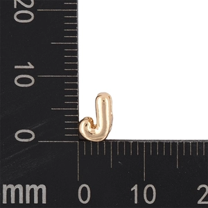 Detailed measurement of a 10mm golden bubble letter J pendant charm with a scale