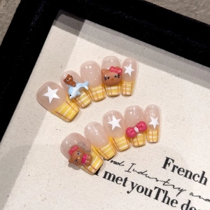 Faux Ongles Press On Fait Main Jaune Carreaux Français 3D Chat Ours Dessin Animé Noeud Résine Réutilisable