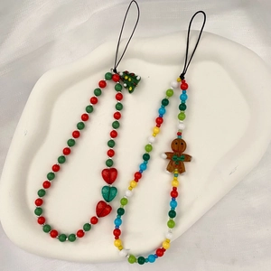 Christmas tree and gingerbread man beaded phone charms with red green heart beads