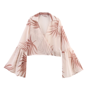Chiffon V Neck Wrap Blouse Floral Palm Leaf Print Long Flare Sleeve Vacation Casual Loose Top Women