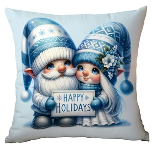 Close-up of blue winter gnome illustration with Happy Holidays text on white pillow cover