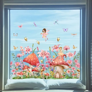 Double-sided window sticker with mushroom house and fairy garden for home decoration