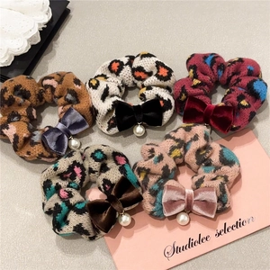 Leopard Print Knitted Hair Scrunchie Velvet Bow Faux Artificial Pearl Pendant Elastic Hair Tie Korean Style Women Hair Accessories