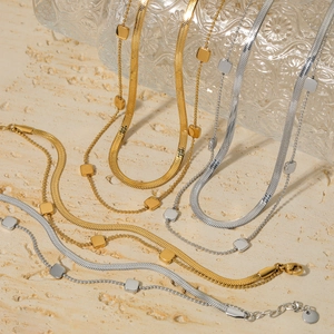 Stainless Steel Jewelry For Women Double Layer Snake Chain Necklace Bracelet Heart Hoop Earrings Geometric Ring Jewelry
