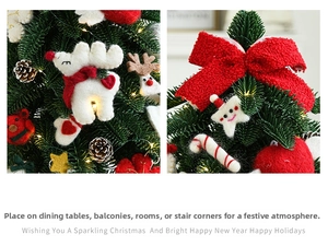 Detail showing felt reindeer and star ornaments hanging on a green Christmas tree