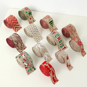 Faux linen Christmas ribbons with deer and tree patterns in red, green and natural jute