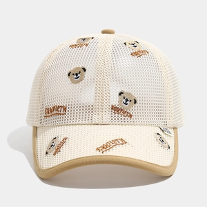 Detail of breathable mesh baseball cap with cute bear embroidery and brand label