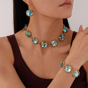 Retro Alloy Resin Jewelry Blue Round Stone Necklace Bracelet And Earrings Vintage Leaf Vine Decor Women Fashion