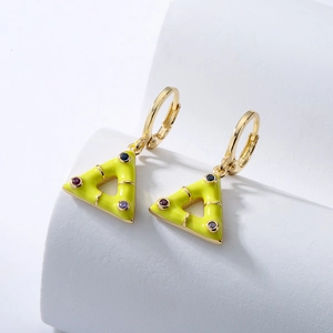 18K gold plated triangle bamboo earrings with yellow enamel and multicolor gems