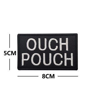 Black embroidered OUCH POUCH patch with white lettering, tactical velcro badge 8x5cm
