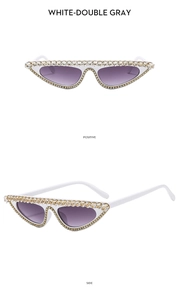 Front and side view of white cat-eye sunglasses with rhinestone-encrusted frame edges