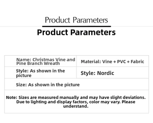 Detailed table of product parameters for Nordic style Christmas grapevine and pine wreath