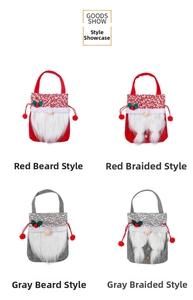 Detail of Christmas gnome drawstring gift bags with plush beards and knitted hats