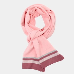 Close-up of pink knitted scarf with burgundy stripes and silver herringbone embroidery