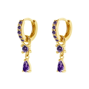 Detail of drop earrings with purple zircons and gold-plated S925 silver needles