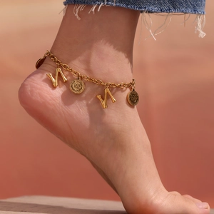 18K gold plated stainless steel anklet with retro coin and letter V charms