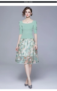 Detail of light green knit top and high-waist A-line skirt with colorful embroidery
