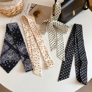 Floral and polka dot twilly silk scarves for women used as neck ties or bag accessories